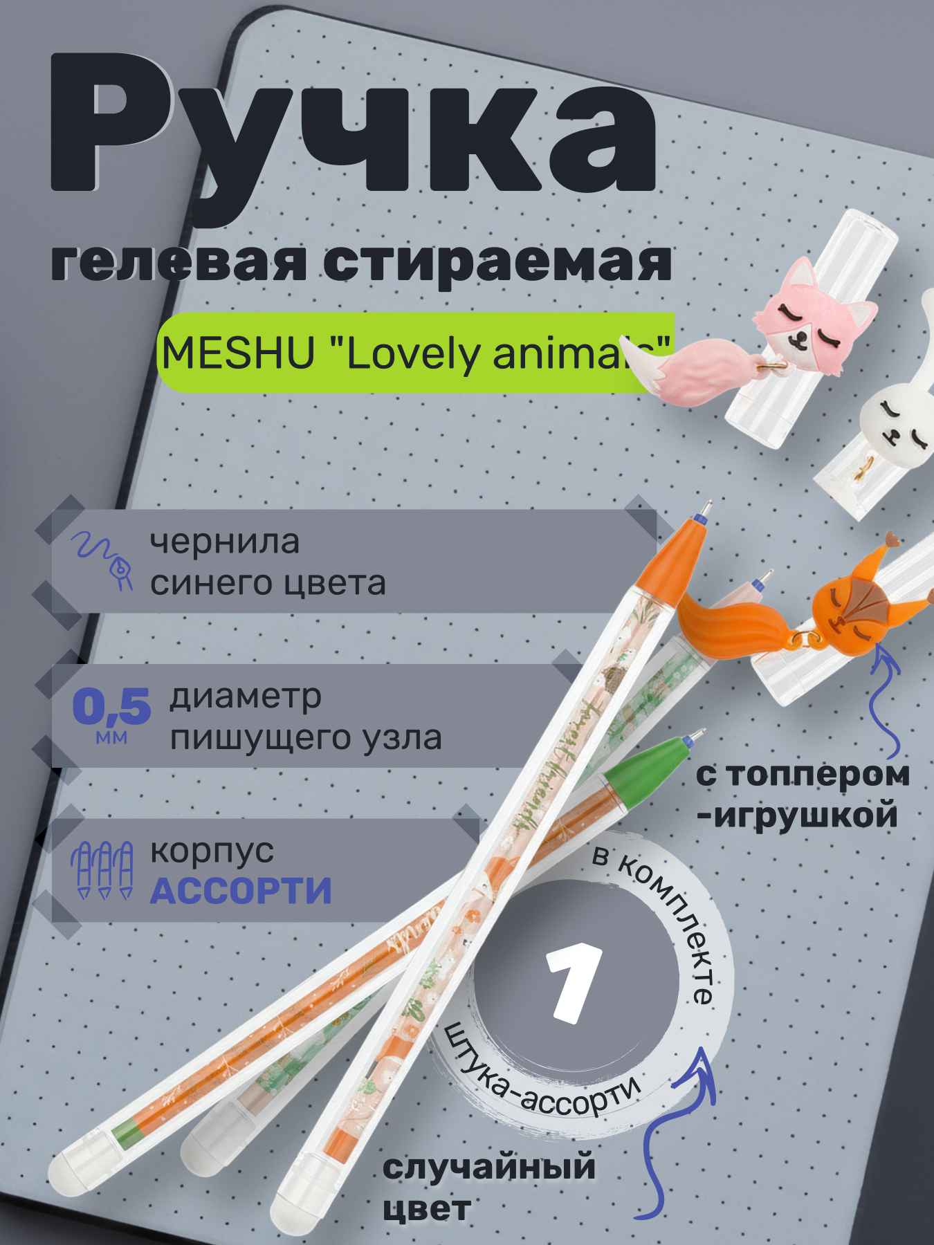 Ручка гелевая стираемая MESHU "Lovely animals" синяя, 0,5мм, корпус ассорти, с топпером