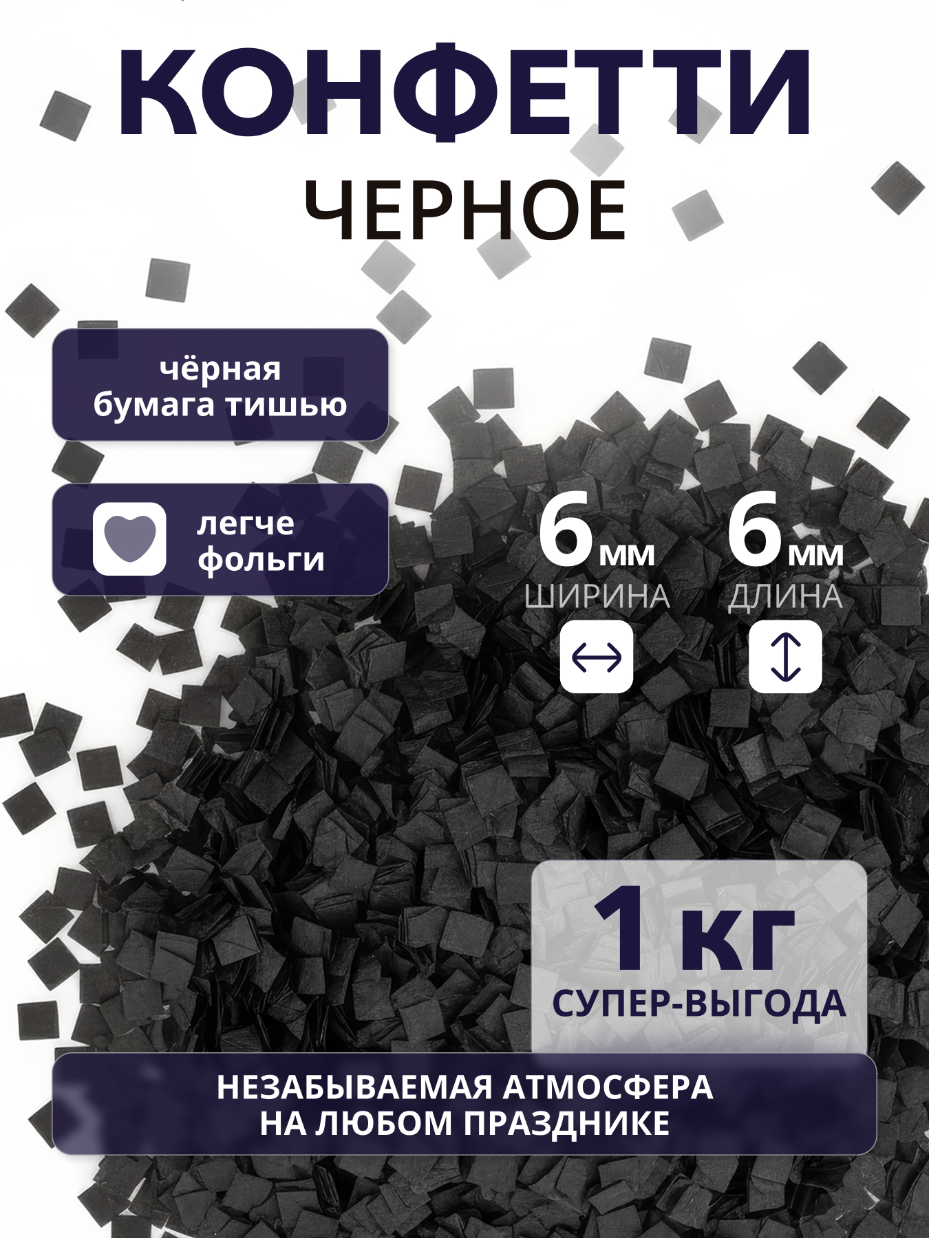 Конфетти черное из бумаги тишью 6х6 мм, 1 кг